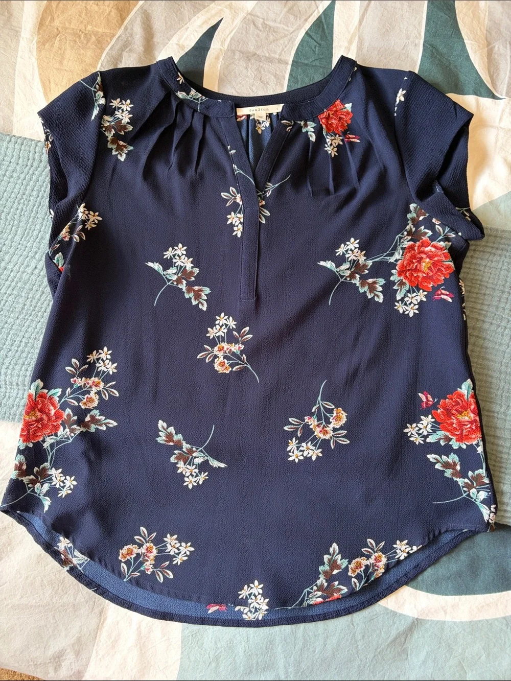 Navy Floral Cap-Sleeve V-Neck Blouse
